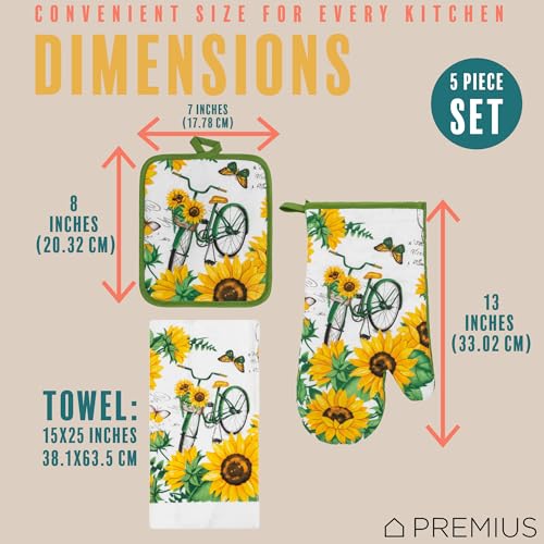 5 Piece Bicycle & Sunflowers Printed Kitchen Linen Set, 2 Cotton Towels,2 Potholders,1 Oven Mitt with Hanging Loop,100% Cotton Material on Front & Polyester Backing, Perfect for Kitchen - color: Bicycle & Sunflowers