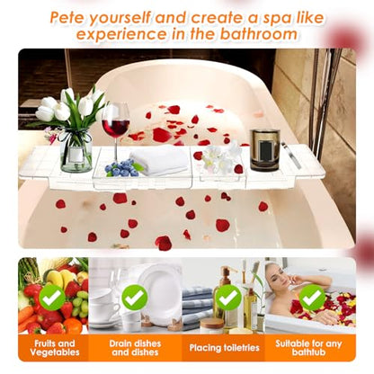 Expandable Bathtub Caddy Tray, 56.5cm to 80.5cm Adjustable Length Clear Bathtub Tray, Plastic Drain Bath Shelf Caddy, Nonslip Multifunctional Bathtub Storage Rack for Candle Towel Book