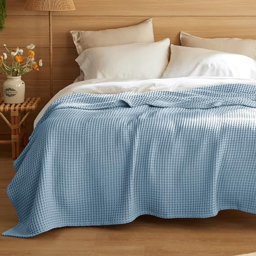 Bedsure Lightweight 100% Cotton Waffle Blanket, Queen, Celestial Blue | Summer, Breathable, Soft, Comfort, Light, Thin, Textured, Bed, Couch, Sofa, Chair, 90"x90", Sheet Blanket, Cozy Gifts - color: Celestial Blue, size: Queen (90" X 90")