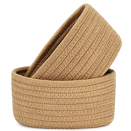 【2 Pack】ABenkle Small Woven Baskets, Tiny Oval Shallow Storage Baskets, Mini Cotton Rope Empty Decorative Basket, Boho Little Organizer Bins for Bathroom, Cat Dog Toy Gifts Baskets - color: Brown