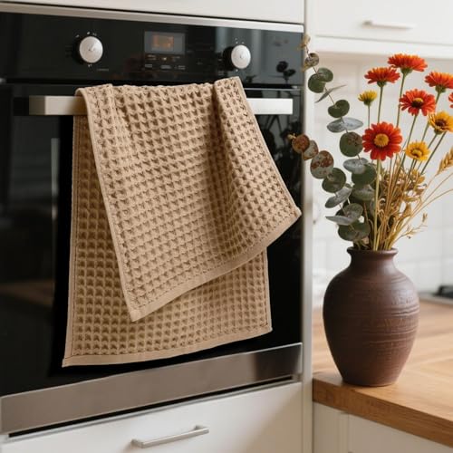 Waffle Bathroom Hand Towels 2-Piece (Tan) – Cotton, Soft, Lightweight | Lint Free, 13” x 29” - color: Tan