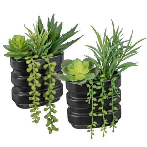 Fake Succulents in Ceramic Pots Dual Use Artificial Succulents Arrangement in Black Vase Hanging Succulents Plants Artificial Small Fake Plants for Desk Office Decor Faux Succulents Desk Plant-2