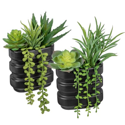 Fake Succulents in Ceramic Pots Dual Use Artificial Succulents Arrangement in Black Vase Hanging Succulents Plants Artificial Small Fake Plants for Desk Office Decor Faux Succulents Desk Plant-2