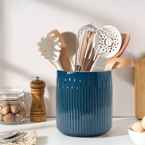 JIEMEI HOME Kitchen Utensil Holder, 7.2" Large Ceramic Stable Utensil Crock for Countertop, Utensil Holder with Cork Mat, Removable Bamboo Divider for Easy, Kitchen Decor, Blue - color: Blue Ashes