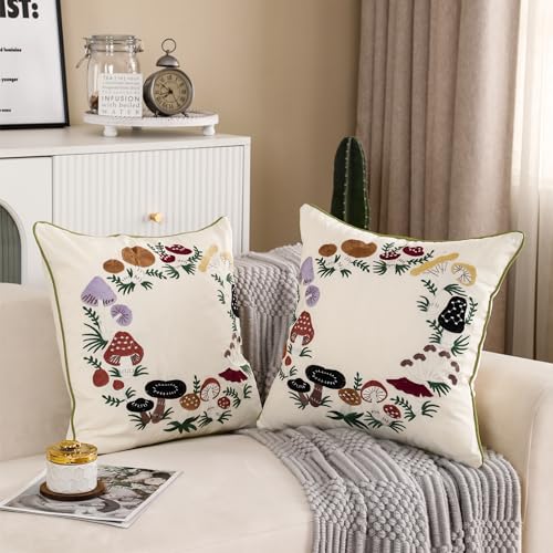 Embroidered Throw Pillow Covers 18x18 Set of 2 Mushroom | Durable Fabric,Square Pillow Cover,Boho Decorative,Hidden Zipper,Aesthetic Design,Ideal Gift,Machine Washable - color: Mushrooms
