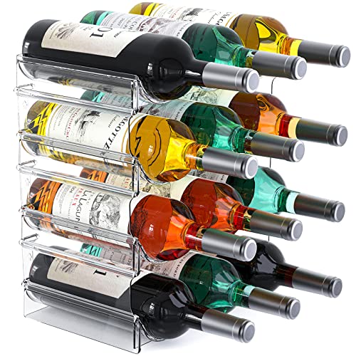 Plastic Water Bottle Organizer and Wine Rack Storage Holder,4 Tier 12 | Containers Stackable Free-Standing Bottle Storage Rack for Kitchen Countertops, Table Top, Pantry, Cabinets, Fridge - Clear