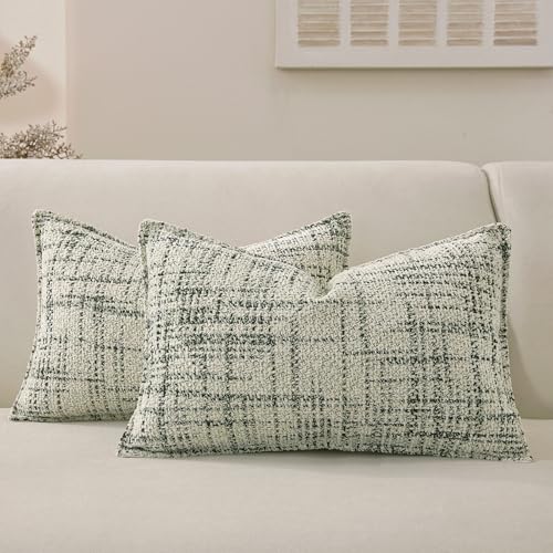 Chenille Lumbar Throw Pillow Covers 20x12 Set of 2, Thick Soft Tweed Textured Decorative Boho Pillow Covers with Elegant Design for Couch, Sofa, Living Room, Green - color: Green, size: 20" x 12" (Pack of 2)