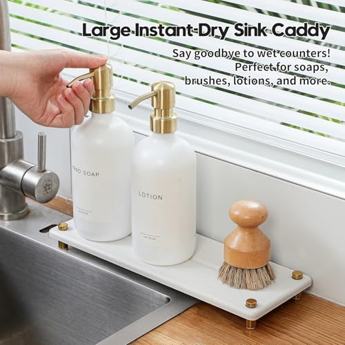 White Gold Dish Drying Rack Tray, Water Absorbing Stone Sink Caddy Kitchen Sink Organizer, Diatomite Bathroom Counter Faucet Mat Coaster, Soap Riser Dispenser Sponge Holder, White 12.5" x 4.5" - color: 12.5"x 4.5" - White - Gold