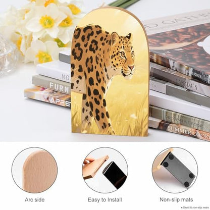Personalized Wood Book Ends Metal Base Golden Leopard Illustration Printing Bookend Modern Heavy Duty Bookends for Home Or Office 1 Pair - color: Golden Leopard Illustration