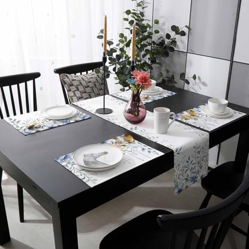 Table Runner and Placemats Set of 6 Blue Flowers Eucalyptus Leaves Decorative Dining Table Runner with Matching Placemats Branch Plant Table Decor for Kitchen Dining Room and Everyday Use 13x90in - size: 13"x90"+6pcs