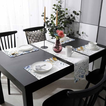 Table Runner and Placemats Set of 6 Blue Flowers Eucalyptus Leaves Decorative Dining Table Runner with Matching Placemats Branch Plant Table Decor for Kitchen Dining Room and Everyday Use 13x70in - size: 13"x70"+6pcs