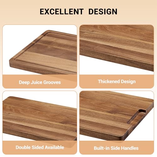 18"x12"Acacia Cutting Board for Kitchen, Wooden Chopping Board with Built-In Juice Grooves, 1" Thick, Side Handle, Butcher Block for Meat/Fruits/Vegetables - size: 18"L x 12"W