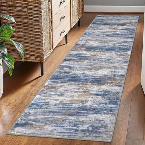 KOZYFLY Modern Abstract Washable Rug Runner 2x7 Hallway Runner Rug Non-Slip Soft Kitchen Runner Rugs, Print Blue Rust Striped Carpet Runner for Entryway Bathroom Laundry Room Foyer - color: Blue Rust White, size: 2' x 7' (Runner)