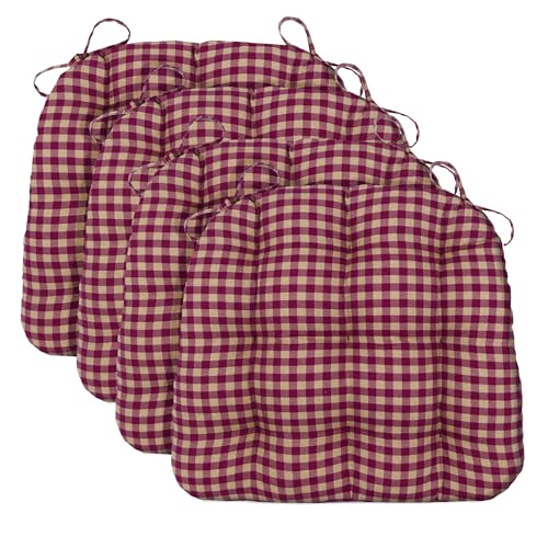 Barnett Home Decor Chair Cushions for Dining Chairs - 15x17 Kitchen Chair Cushions - Machine Washable, 100% Cotton, Made in USA - Latex Foam Chair Pads - Farmhouse Check Dark Red and Tan Pack of 4 - color: Farmhouse Check Dark Red & Tan, size: Small (15"D