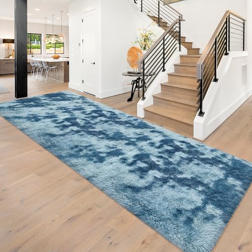 Super Soft Fluffy Living Room Area Rug 3x10 ft Tie-Dyed Light Blue Shaggy Furry Carpet Washable Non-Slip Floor Rugs Bedroom Bedside Nursery Rug Fuzzy Girls Boy Dorm Home Decor Aesthetic - color: Tie-dyed Blue, size: 3' x 10' (Runner)