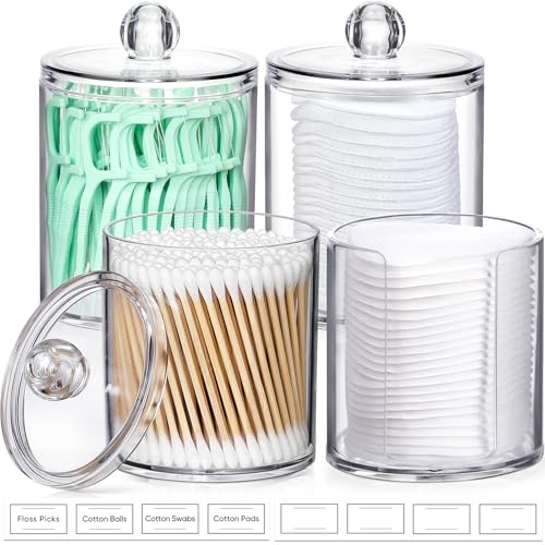 4 Pcs Acrylic Qtip Holder Dispenser for Cotton Swabs, Balls, Floss Picks | Thick, Highly Clear, w/ Labels - Small Canister Apothecary Jar Set, Bathroom Decor Essentials, Shelf Vanity Storage Organizer - color: Clear-4