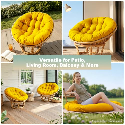 ARTPLAN Round Papasan Chair Cushion Tufted Swing Seat Pad with Ties,Yellow | 47"x47"x4"tufted round chair cushion, polyester cover&fluffy fiber fill, fixed ties fit papasan, swing&wicker indoor chairs - color: Yellow