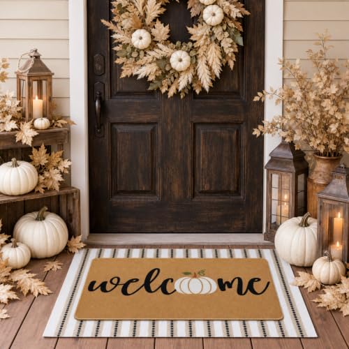 Tinideya 2 Pcs Fall Layered Doormat Set, Farmhouse Pumpkin Welcome Mat with Striped Layering Rug for Autumn Thanksgiving Outdoor Entryway Porch Decor - size: 16 x 28 Inch,24 x 35 Inch, style: Pumpkin