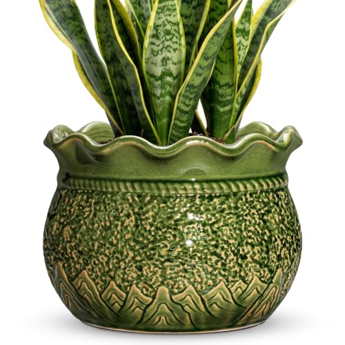 Ceramic Plant Pots, 10 Inch Planters with Drainage, Crack Green | Round Decorative Pots for Indoor Plants, Unique Large Flower Pot, Patio Room Lawn Decor, Gifts for Gardeners Woman - color: Crack Green, size: 10 Inch