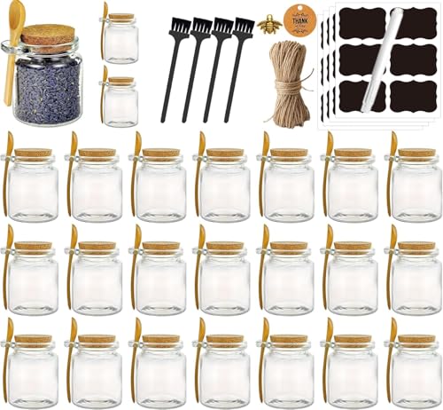 Ahhute Glass Sugar Scrubs Jars, Bath Salt Container, Snacks Spice Jars w/Bamboo Spoons, Honey Scrubs Body Butter Jar w/Corks, Labels and Cleaning Brush, Wedding Party Favors Gifts, 8oz 24 Pack - color: 24 pack