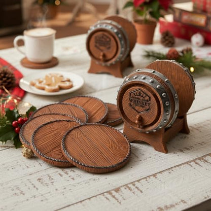 Whiskey Barrel Coasters Set 6 Full Size Non-Slip Cabin Decor Bar Coasters, for dad, Man Cave Gifts for Men and Whiskey Lovers, Rustic Handmade Cup Coaster for The Home - style: Whiskey Barrel-02