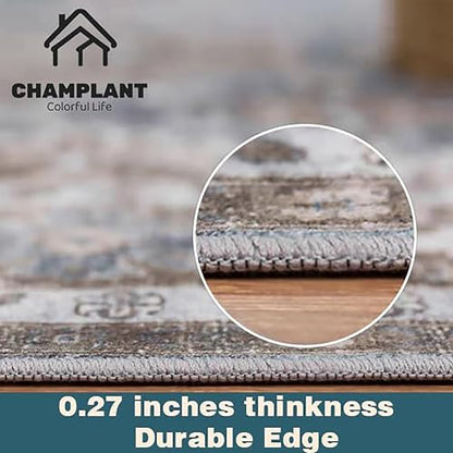 CHAMPLANT Washable Area Rug 9'x12' Cyan Khaki Retro Flowers Boho Design Non-Shedding Easy Care Ideal for High Traffic Areas in Living Room Bedroom Office Coffee Table Kitchen Large Carpet - color: Cyan Khaki, size: 9' x 12' (Rectangular)