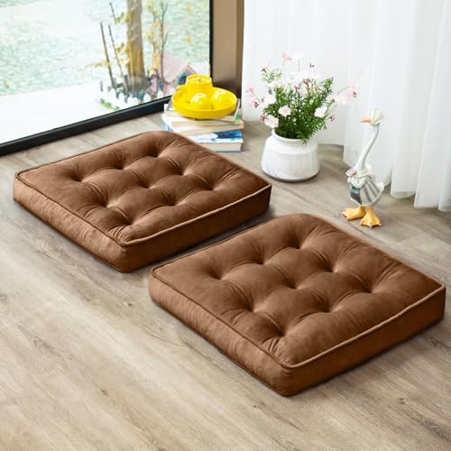 1 MIDDLE ONE Floor Pillow Set of 2, Memory Foam Meditation Cushion, Floor Cushions for Adults Sitting, Large Square Seat Cushions for Yoga, Couch, Sofa, Kids, Living Room, 20x20 Inch (Brown) - color: Brown, size: 20x20 Inch(Pack of 2)