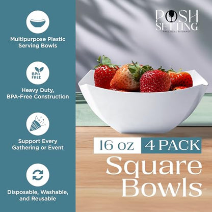 4 Pack Disposable White Plastic Serving Bowls Square Party Candy Use 16oz | Square Design. Disposable Party Tableware. Salad, Fruit & Candy Use. Candy Buffet Containers. White Plastic. - color: White, size: 16 OUNCE