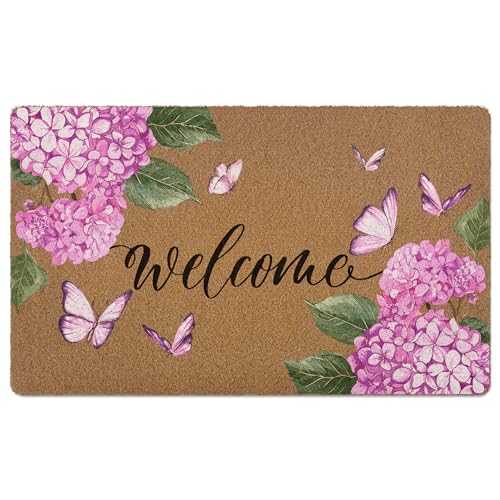 Hydrangea Floral Welcome Door Mat, Summer Pink Hydrangea Butterfly Artificial Coir Front Door Mat Indoor Outdoor Entrance, Cute Farmhouse Doormat Rug for Porch Entryway Patio Decor,17X30 Inch - color: Pink Hydrangea