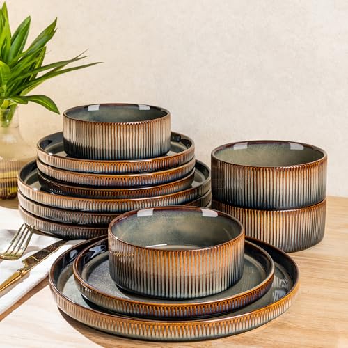 Ceramic Dinnerware Set for 4, 12-Piece Plates and Bowls Set | Lightweight Porcelain Dish Set, Scratch Resistant, Oven & Microwave & Dishwasher Safe, Brown - color: Brown, size: Set (12pcs)