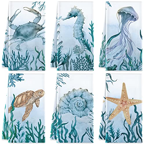Boyiee 6Pcs Beach Kitchen Towels for Coastal Decor | Ocean Sea Animal Tea Towels with Turtle Jellyfish Designs, Absorbent, for Bathroom Farmhouse - color: Beach