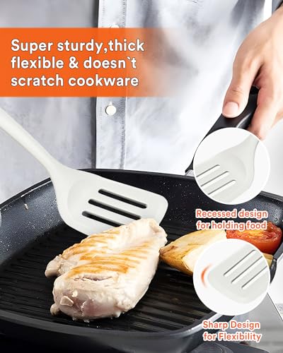 Kitchen Utensils Set, 13PCS Silicone Cooking Utensils, Heat Resistant Kitchen Utensil Spatula Set for Nonstick Cookware, Wooden Handles Kitchen Gadgets Tools Set - color: White