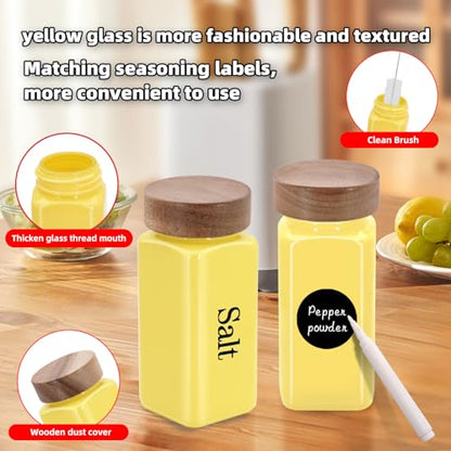 6Pcs 4 oz Square Glass Spice Jars with Label, Empty Spice Containers with Wooden Lids, Square Seasoning Containers and Supplement Set, Small Seasoning Bottles for Salt, Sugar, Pepper (Yellow) - color: Yellow