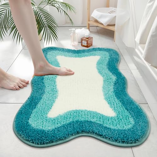 HAOCOO Luxury Microfiber Bathroom Rug, 20x31 inch Soft Non Slip Aqua Blue Gradient Bath Mat, Absorbent Washable Cute Bath Mat for Sink Tub Shower - color: Aqua Blue, size: 2'7" x 1'8" (Irregular)