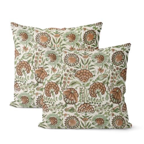 Block Print Pillow Covers 18x18 Inch Pack of 2 Boho Brown Green Floral Decor Throw Pillow Covers Spring Summer Flower Pillowcase Outdoor Farmhouse Decorative Cushion Cover for Couch Sofa - color: Boho Floral-brown Green, size: 18" x 18" (Pack of 2)