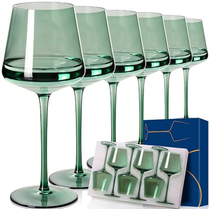 Green Wine Glasses Set of 6,18oz green Wine Glassware Gift Set for Wife & Mom-Colorful Hand Blown Glass Drinkware for Red White Wine - color: Green