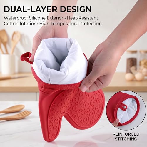Silicone Oven Mitts Ultra Heat Resistant up to 500°F - Oven Mitts with Thick Cotton Liner - Long Slip Resistant Pot Holders, Flexible Oven Gloves -2Pack 13.5" (RED) - color: Red