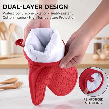 Silicone Oven Mitts Ultra Heat Resistant up to 500°F - Oven Mitts with Thick Cotton Liner - Long Slip Resistant Pot Holders, Flexible Oven Gloves -2Pack 13.5" (RED) - color: Red