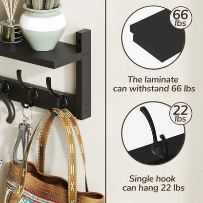 AMBIRD 34.2" Extra Long Wooden Wall Hook Rack with Shelf - Versatile and Decorative Wall-Mounted Storage with 10 Hooks for Coats, Hats, Keys - Ideal for Entryways, Bedrooms, Closets (Stylish Black) - size: 34.2 inch, style: Stylish