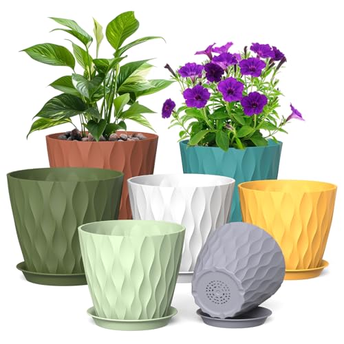 Meowell 7/6.5/6/5.5/5/4.5/4 inch Plant Pots for Indoor Outdoor Plants, 7 Pack Thick Flower Pots with Drainage Holes and Saucers, Modern Wave Texture Small Plastic Planters Nursery Pots, Multicolor - color: Colorful, size: 7+6.5+6+5.5+5+4.5+4 inch 7 set