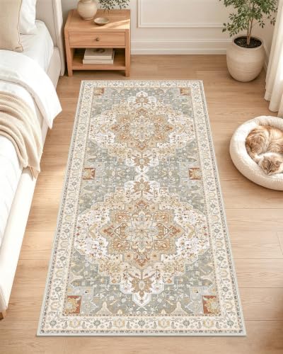 OLANLY 2x5 Washable Runner Rug, Soft Non Slip Carpet for Hallway Kitchen | Beige Boho Vintage Floral Medallion Farmhouse Rug, Spill & Stain Resistant Low Pile, for Entryway Laundry Room Office Bedroom - color: Beige, size: 2' x 5' (Runner)