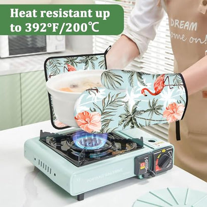 Tropical Flamingo Palm Flower Oven Mitts and Pot Holders Set 4 Pcs Extra Long Heat Resistant Gloves Potholder for Baking, BBQ, Grilling - color: Flamingo
