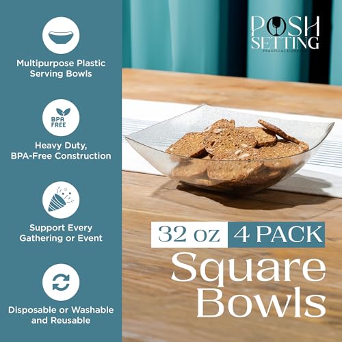 4 Pack Disposable Gold Plastic Serving Bowls Square Party Candy Use 32oz | Square Design. Disposable Party Tableware. Salad, Fruit & Candy Use. Candy Buffet Containers. Gold Plastic. - color: GOLD GLITTER, size: 32 OUNCE