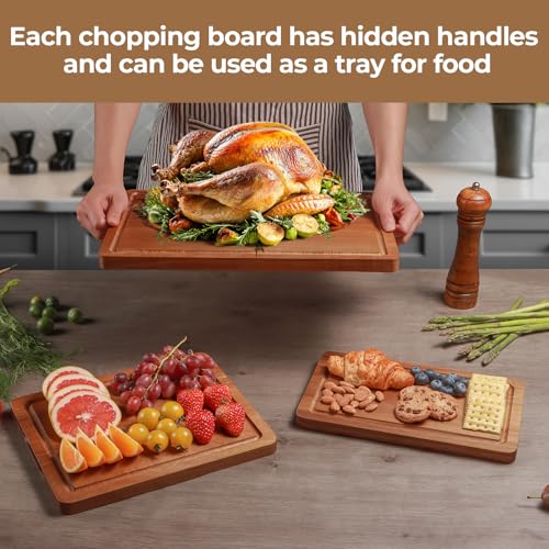 Wood Cutting Board, Wooden Cutting Boards for Kitchen with Deep Juice Grooves & Built-in Handles, Ideal Charcuterie & Chopping for Meat, Chopping Boards Set of 3 - size: Large