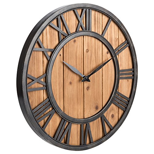 Oldtown Farmhouse Metal & Solid Wood Noiseless Wall Clock (Wood, 18-inch) - color: Wood, size: 18-inch