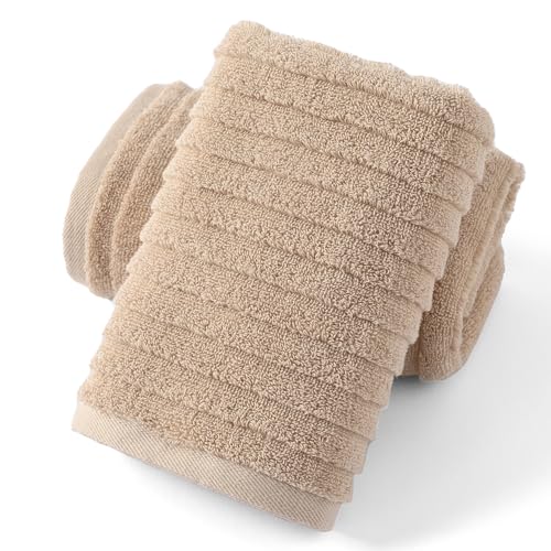 sense gnosis Striped Pattern Khaki Hand Towel 13 x 29 Inch, 2 Pack | Super Soft Luxury Stereoscopic Ladder 100% Cotton Absorbent Decorative hand Towel for Bathroom - color: Khaki