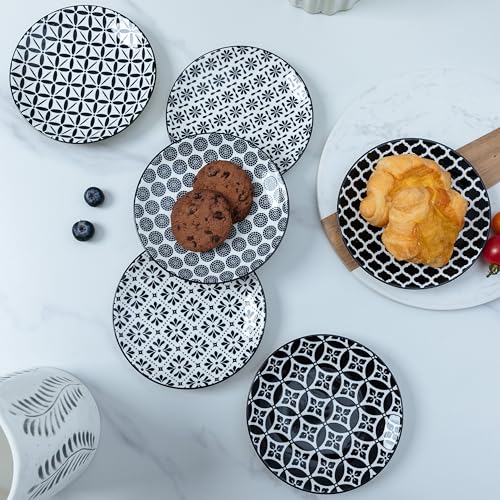 LEHAHA Ceramic 6'' Appetizer Plates Set of 6, Small Dessert/Salad Plates, Black Round Serving Plates, Porcelain Dinnerware Dishes for Cake, Waffle, Pasta,snacks, cookie, Microwave & Dishwasher Safe - color: Black/White