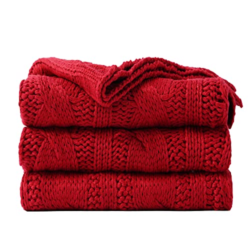 Battilo Red Cable Knit Throw Blankets for Couch, Super Soft Warm Cozy Decorative Knitted Throw Blanket for Bed, Sofa, Chair 50"x60" - color: Red, size: 50"x 60"