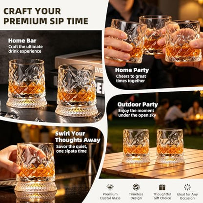 Luxury 360° Spinning Crystal Whiskey Glass Set Of 2, Rotating Old Fashioned Rocks Glasses & & 4 Color Lighting, Scotch & Bourbon, Cocktail Glasses for Bar, Party, Home, and Gift (Diamond) - color: Diamond