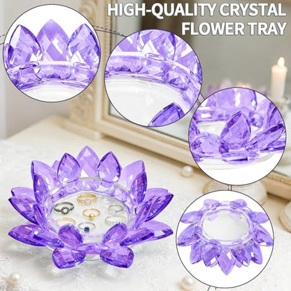 Crystal Flower Jewelry Tray, 1, 6.3" Purple | Transparent, For Rings, Earrings, Necklaces, Keys, Decorative Trinket Dish, For Vanity Dresser Nightstand - size: 6.3"(W)- Purple